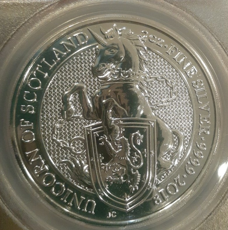 2018 2 oz Silver Queens Beast Unicorn of Scotland PCGS MS69 UK 5£ Royal