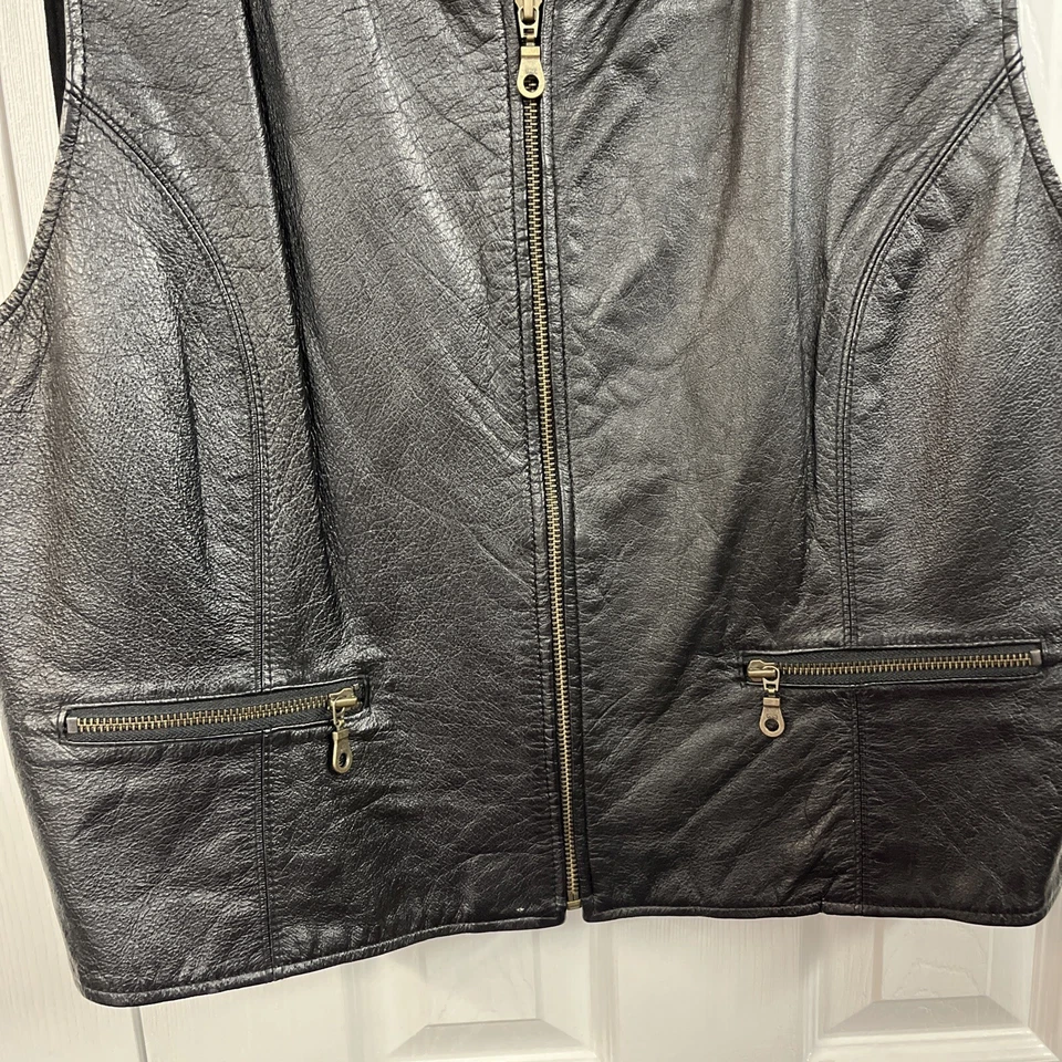 JENNIFER MOORE Size 18W Black Leather Vest, Dk Brass Zippers Nylon Back Women's - Image 2 of 4