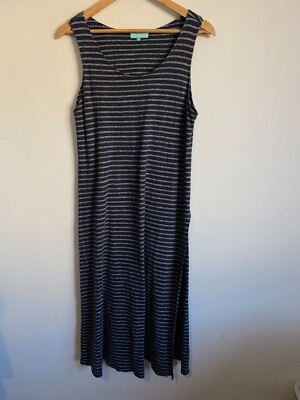 Blue Illusion Linen Dress Womens Large Blue Striped Slit Sleeveless Round  Neck | eBay Australia