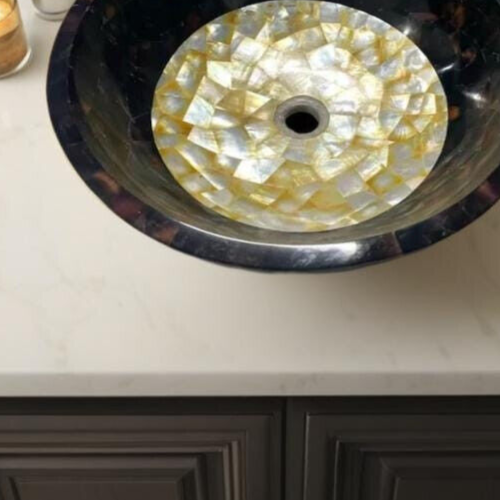 Fregadero de mármol negro de lujo de 18" con incrustación de piedra de madreperla hecho a mano fregadero decorativo - Imagen 2 de 6