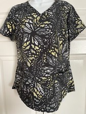 Dickies Women Scrub Top Sz S Lft Sleeve Zip Pocket Blk/Yelo/Whit Abstract Design