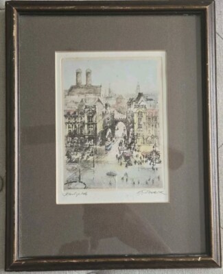Vtg Fred Joachim Dietrich Colored  Etching Of Karlsplatz, Munich-Signed & Framed