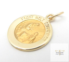 SOLID 14K YELLOW GOLD FIRST HOLY COMMUNION PENDANT ROUND CHARM 7/16" 12MM MEDAL