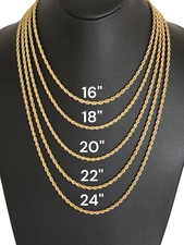 Stainless Steel Gold Plated Rope Chain 3mm Hip Hop Jewelry Unisex, Women, Men