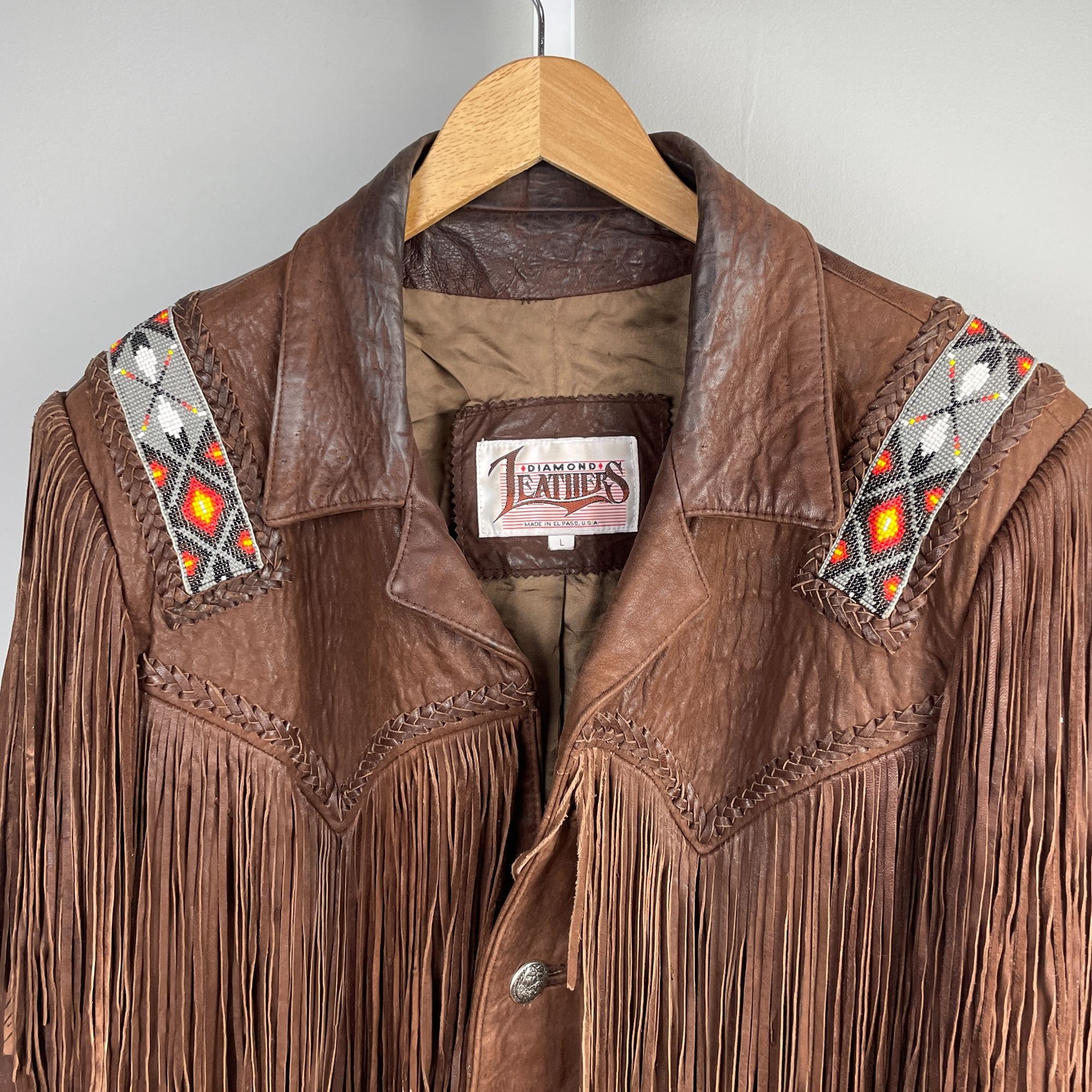 Vintage Diamond Leathers Brown Leather Fringe Beaded … Gem