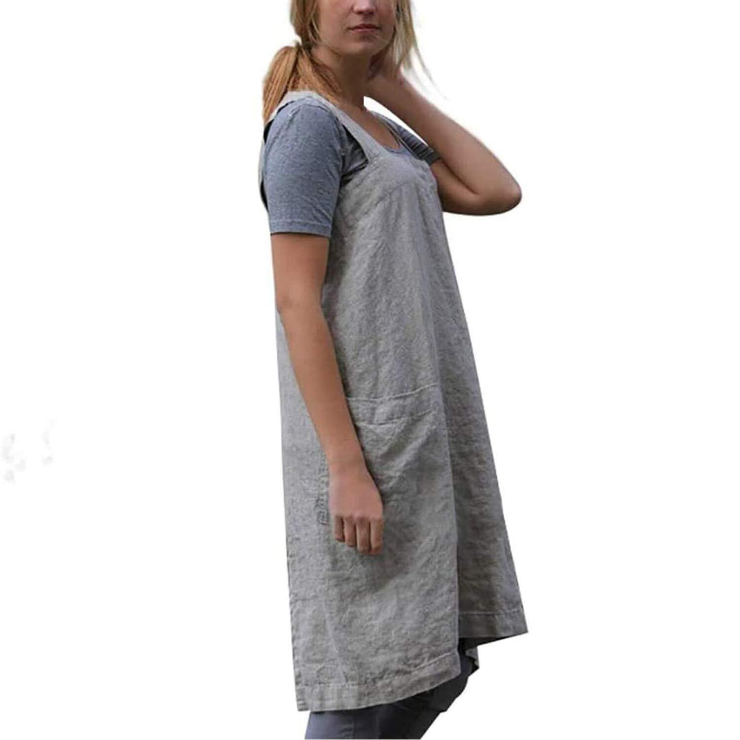 Cotton Linen Apron Cross Back Apron for Women with Pockets Pinafore Dress for...