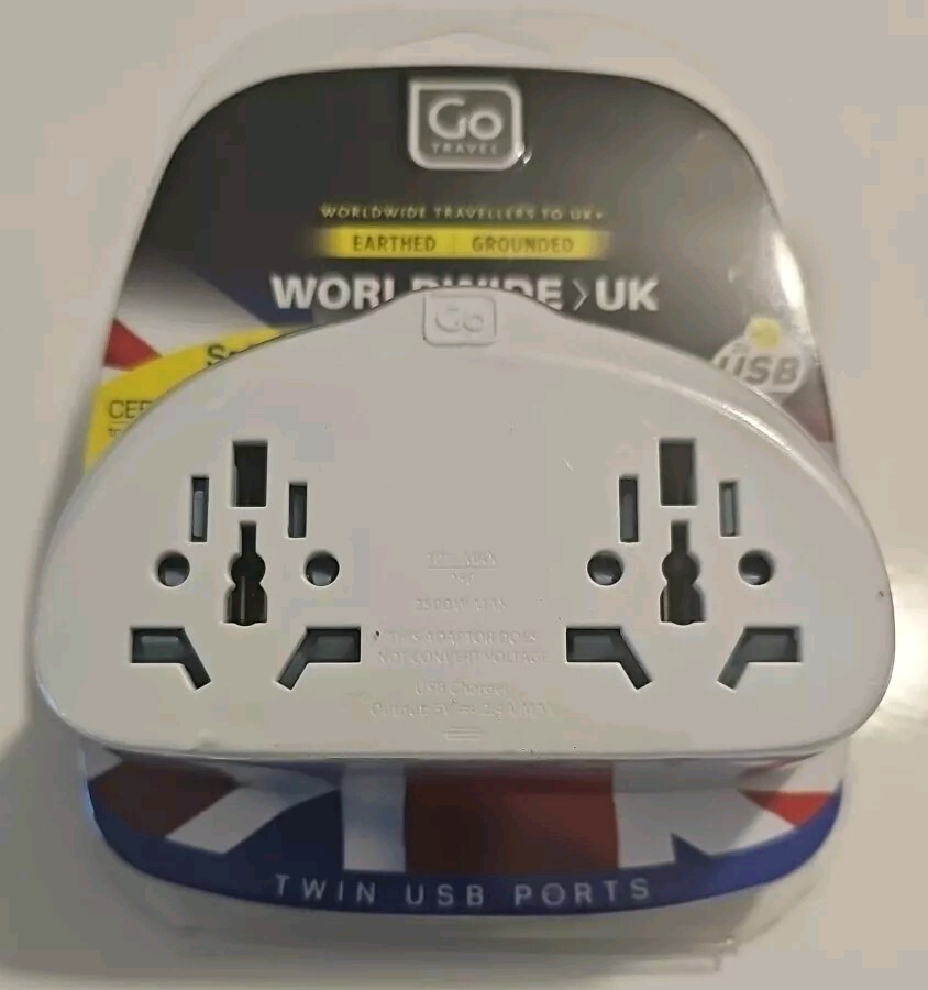 Go Travel Worldwide To UK Twin USB Ports Adaptor Plug Earthed NEW & SEALED UK