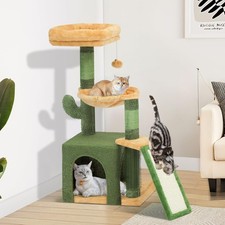 37in Tall Cactus Cat Tree Tower W/ Self-Grooming Brush Cute Cat Climbing Tower