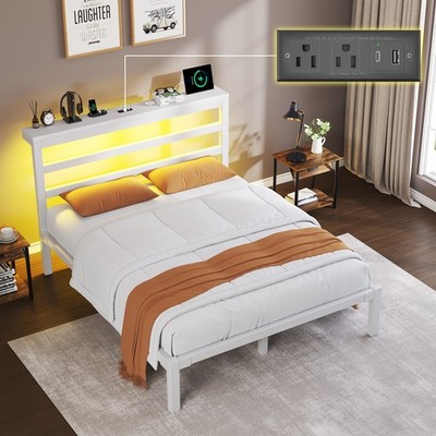 Full/Queen Size Metal Bed Frame with Storage Headboard, Charging