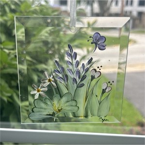 Signed Floral Stained Glass Suncatcher Window Hanging Panel, Ready to Hang