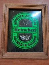 Heineken Lager Beer Sign Green Foil Art w/Wood Frame 1975 10 x 12 Vintage BEER