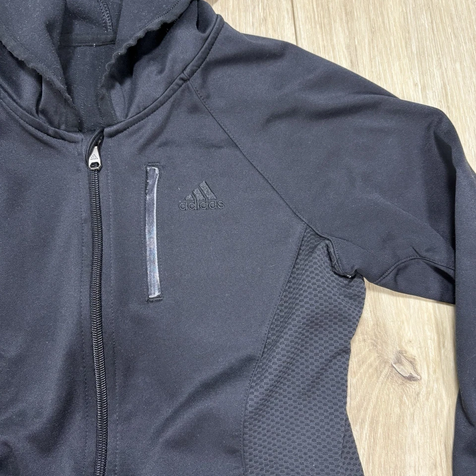 Adidas Mujer Chaqueta Negra Sudadera con Capucha Talla Pequeña Cremallera Completa Correr Caminar Entrenamiento Foto 4 de 4