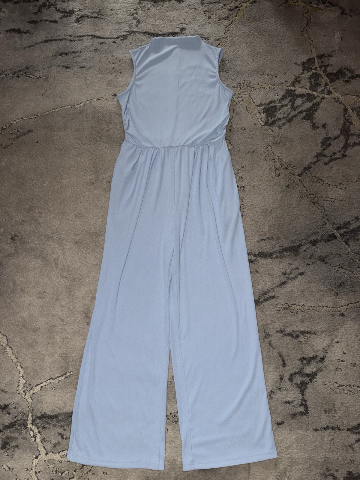 PrettyGarden Blue Ribbed Knit Mock Neck Sleeveless Wide-Leg Zip Jumpsuit S