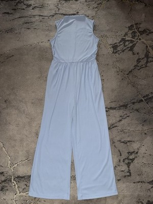 PrettyGarden Blue Ribbed Knit Mock Neck Sleeveless Wide-Leg Zip Jumpsuit S