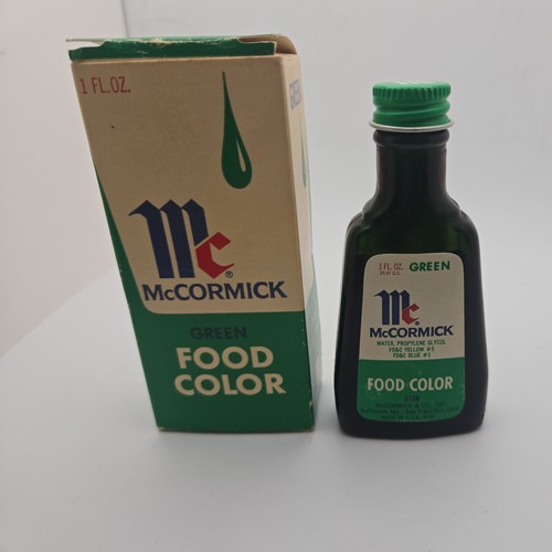 Vintage McCormick Green Food Coloring with Box Opened and product has been used 
