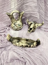 Set of 3 Navajo Horsehair Signed Creations, Wedding Vase, Canoe, Skull