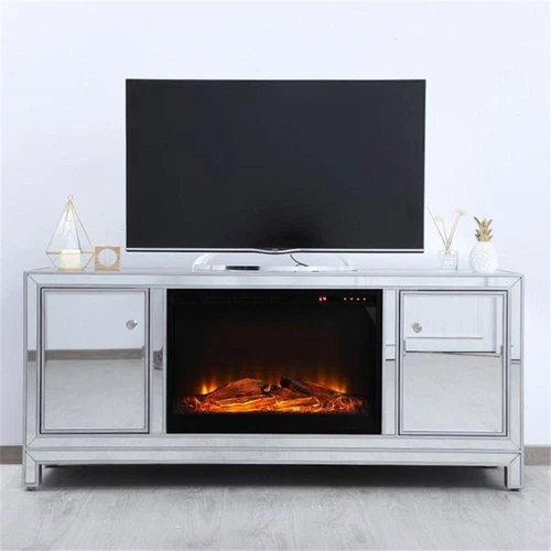 Elegant Decor Modern 60" Mirrored Faux Log Fireplace TV Stand in Antique Silver - Picture 6 of 10