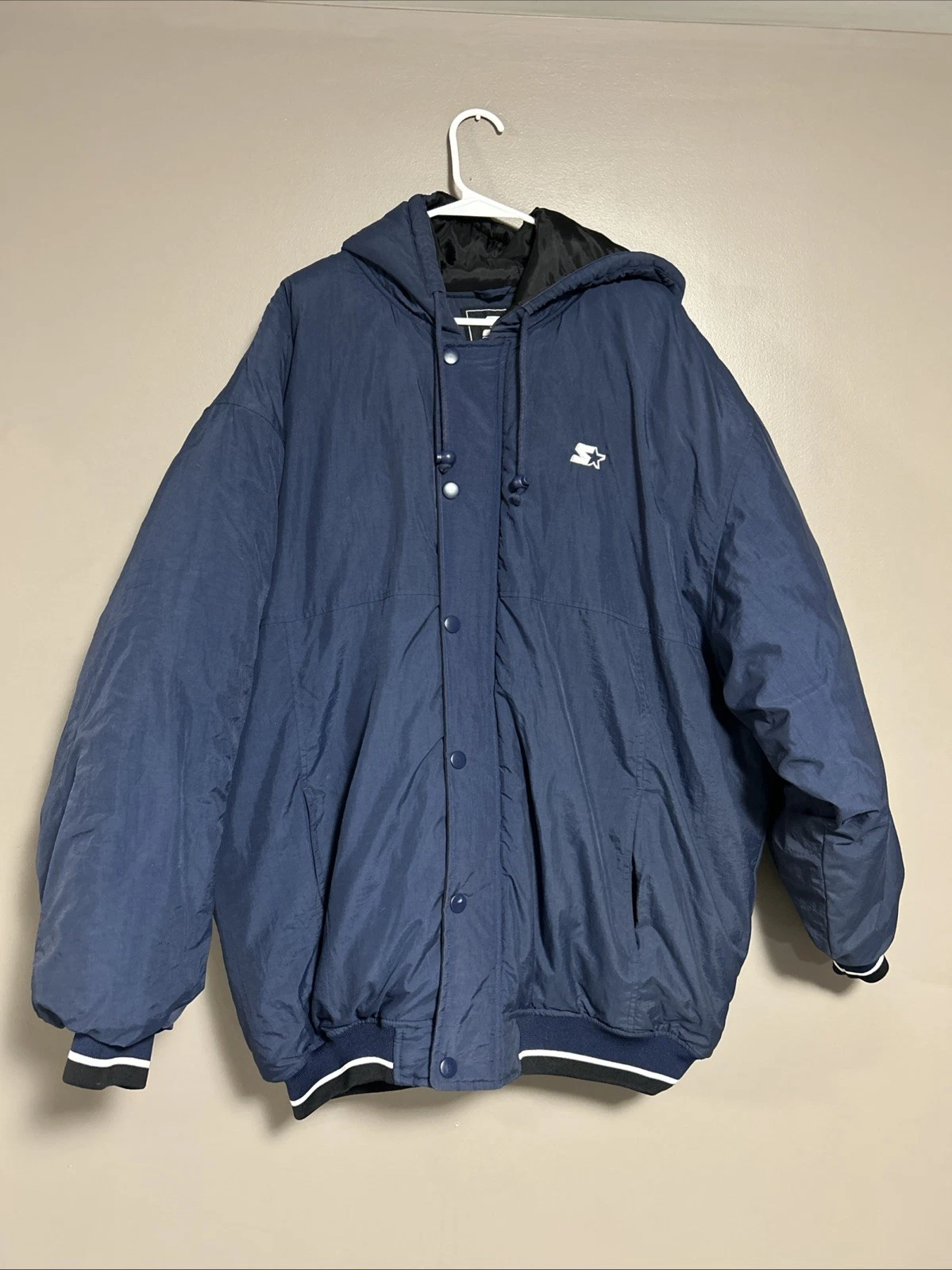 Vintage Starter Puffer Jacket Dark Blue White Stripes Size XL Insulated