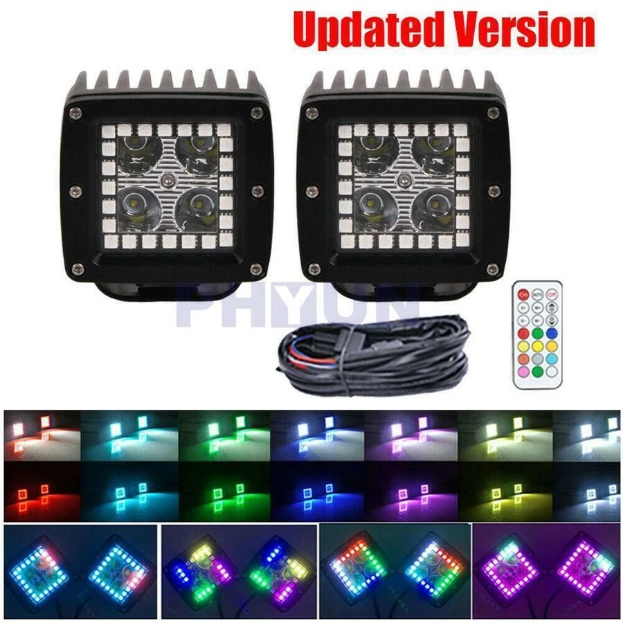 2x 3" Spot Pods LED Work Light RGB Halo Ring Chasing Multi-Color Remote Control - Image 4 of 4