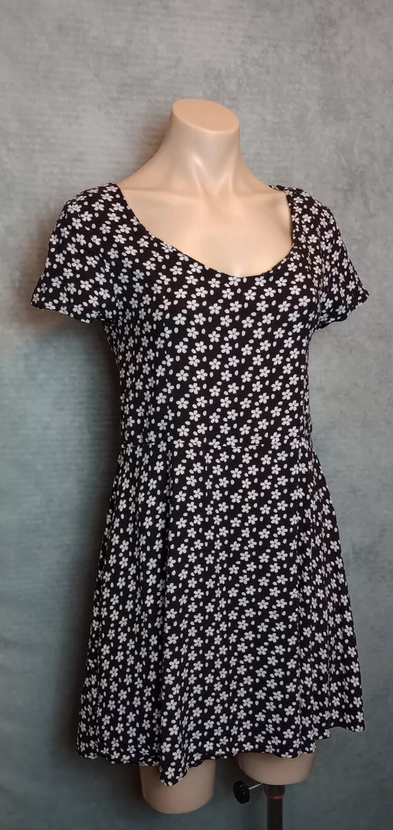 FREE 2BU Floral Mini Dress 12 Black Short Sleeve Scoop Neck High