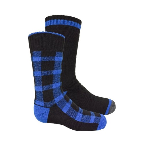 NWT Kodiak Boys Thermal Slipper Blue Black Plaid Socks, 2 Pack SZ Large 3-9 - Picture 2 of 2