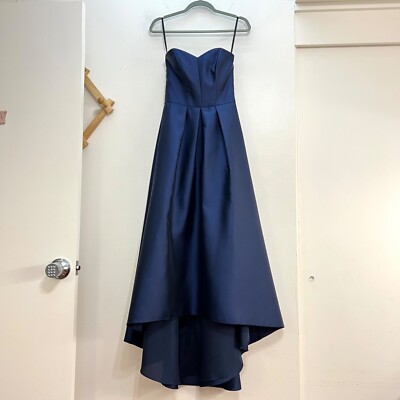 Alfred Sung Strapless Satin High Low Dress with Pockets - Blue Alfred Sung Strapless Satin High Low Dress with Pockets - Blue