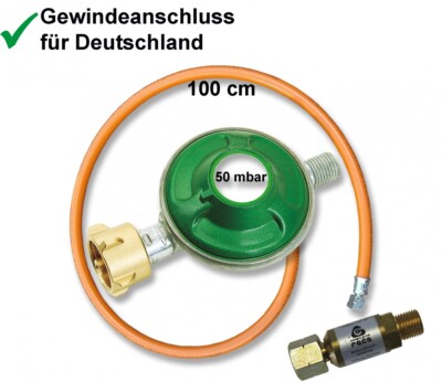 Gasregler 50 mbar Gasschlauch 100 cm Schlauchbruchsicherung für ...