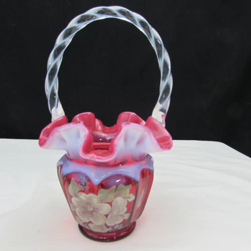 Fenton Cranberry Opalescent Floral Hand Painted Basket Special Order 1994 W67