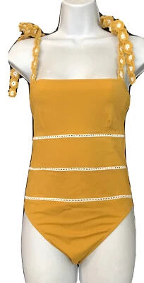 She Made Me Swimsuit Mustard One Piece Crocheted Tie Straps Size S - Image 1 of 4