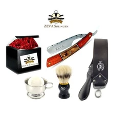 ZEVA SOLINGEN MULTI COLOR WOOD HANDLE STRAIGHT RAZOR SHAVING SET  XMAS  GIFT