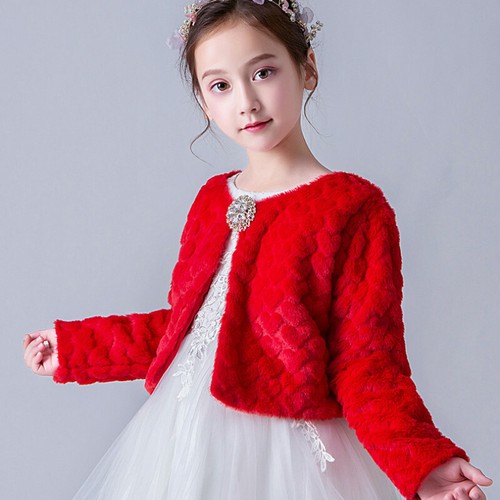 Kids Coat Faux Fur Shawl Girls Wrap Furry Tops Long Sleeve Winter Warm White Red - Picture 1 of 12