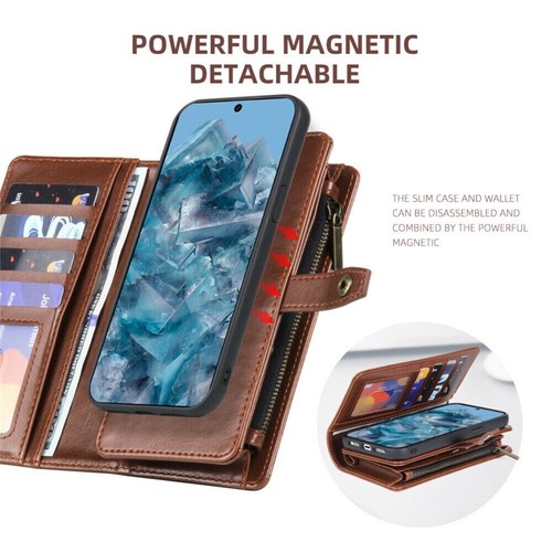 For Google Pixel 9 Pro XL 8 8A 7A 6A Zipper Leather Case Removable Wallet Cover - Picture 7 of 31