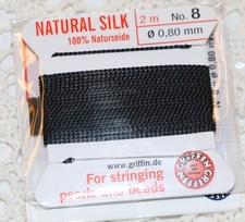 Griffin Natural Silk Cord with Metal Needle, No. 8, 2meters, 0.80mm, Black