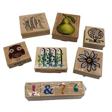 Wood Mounted Stamp Lot Rubber Stampede Scrapbooking Owl Fish Pear Daisy