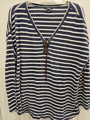 Womens Chaps-Blue/White Striped, Long Sleeve-Lace Up Neck- Knit Top-Size-2X