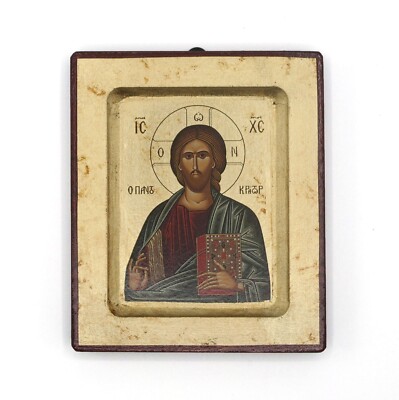 Greek Russian Orthodox Handmade Wooden Icon Christ Pantokrator 12.5x10cm