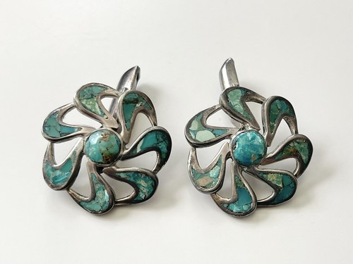 Vintage Mexican Silver Sterling Inlaid Turquoise Cufflinks Large 1” Hallmarked - Picture 11 of 11