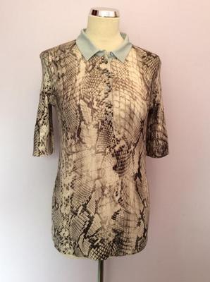MARCCAIN BROWN SNAKESKIN & PALE BLUE SILK COLLAR POLO SHIRT SIZE N4 UK 14 