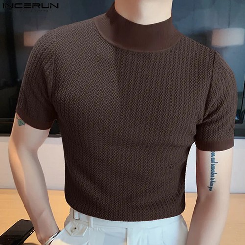 New Summer Fashion Tight T-shirt Casual Streetwear Textured High-neck Solid - Picture 12 of 28