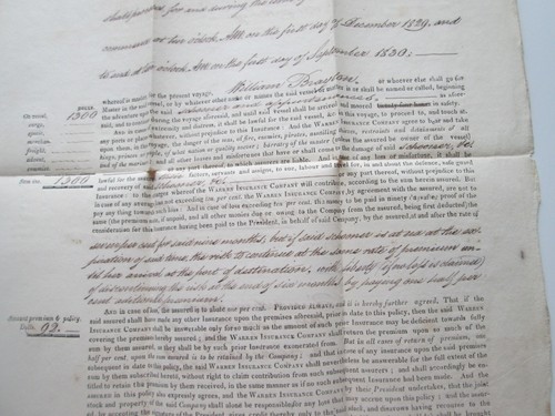 1829 SHIP'S INSURANCE POLICY, "SCHOONER COMET" NINE CALENDAR MONTHS, 12/29-9/30 - Picture 3 of 7