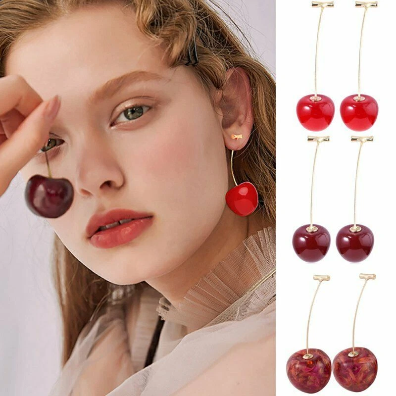 Mujeres Resina Lindos Pendientes Redondos Colgantes Rojo Cereza Fruta Joyería Regalo EE. UU. Foto 2 de 4