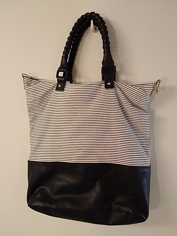 Merona women's blue white striped tote bag additional strap large cotton  blend
