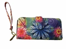 Wallet Wristlet Loveshe MultiColored Fabric Floral Zip And Snap