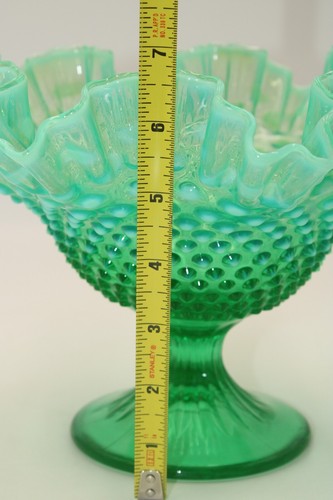 Fenton Green Opalescent Glass Double Ruffle Hobnail Pedestal Bowl *UV Glow* - Picture 9 of 13