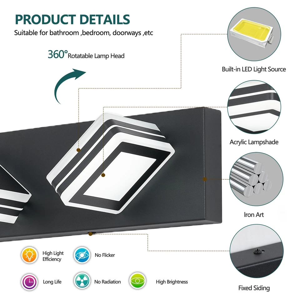 3 Lights 20 Inch LED Black Modern Vanity Light Bathroom Mirror Wall Lamp Fixture - Image 3 of 4