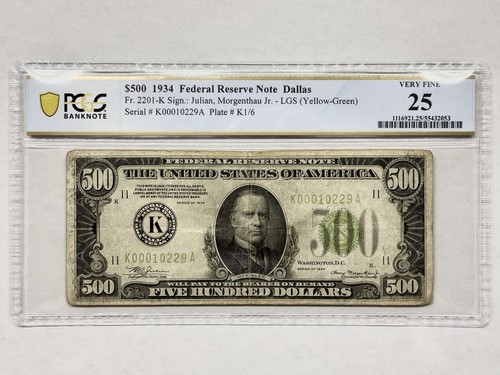 1934 $500 Five Hundred Dollar Fr.2201-Klgs Dallas PCGS 25 FRN (229A)