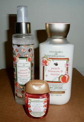 3 Peach Blossom & Nectar Vera Bradley Lotion, Diamond Shimmer Mist,  Sanitizer