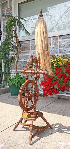 Vintage Primitive Upright German Castle Spinning Wheel with Wool? for Spinning