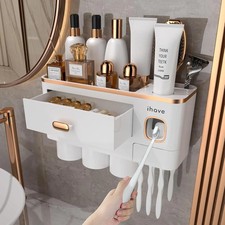 Wall Mount Toothbrush Holder With Toothpaste Dispenser 3 Cups Storage Organizer