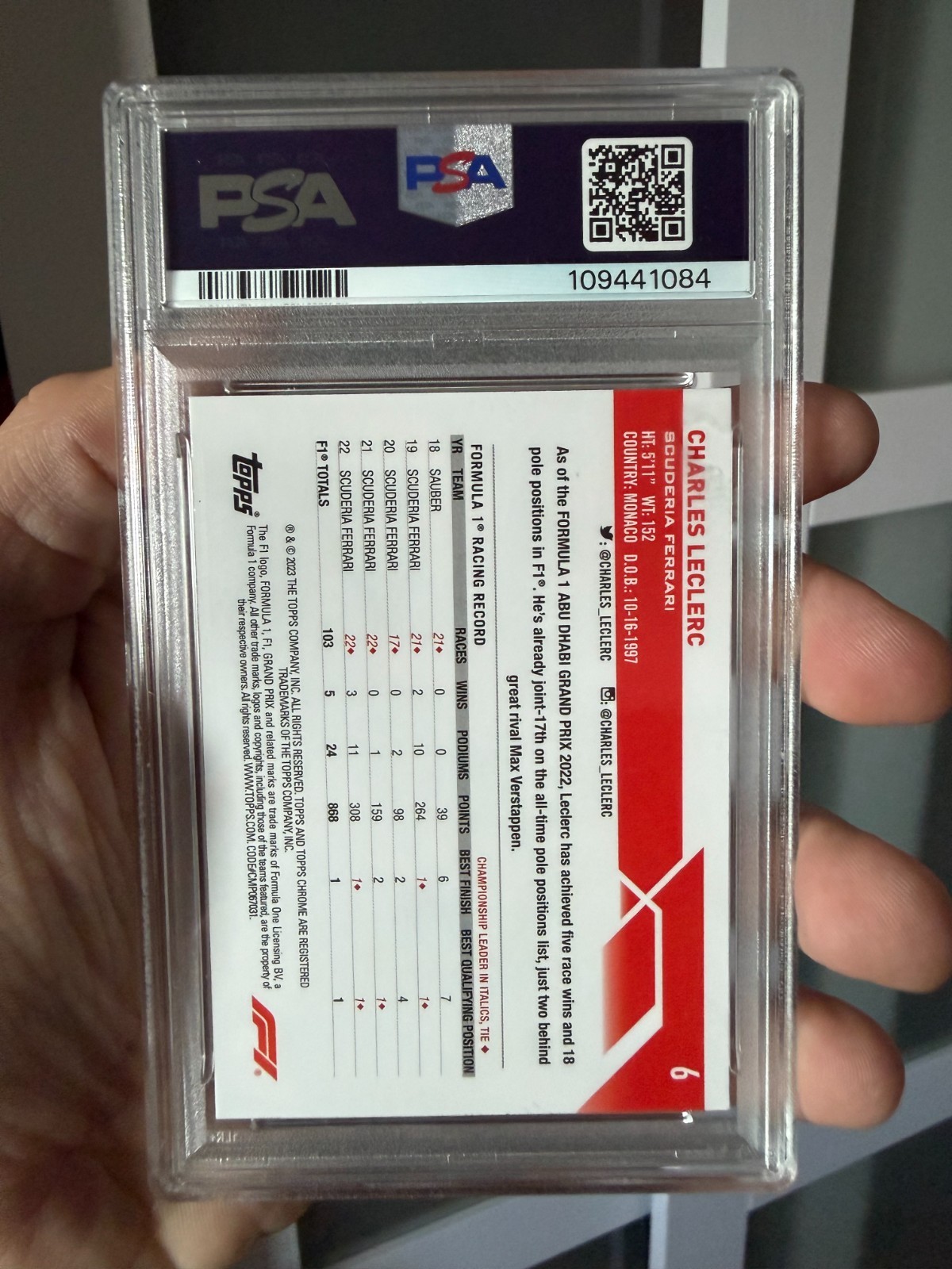 2023 Topps Chrome F1 Charles Leclerc #6 Aqua Wave PSA 9 view 3